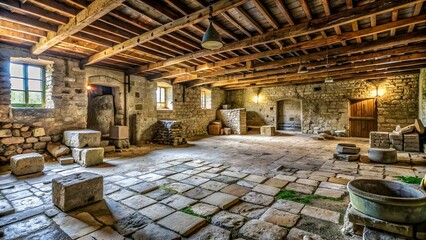 A large room with stone walls and a dirt floor. The room is filled with stone blocks and has a very old and rustic feel to it