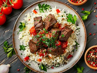 Wall Mural - a plate of beef and rice with tomatoes and herbs.