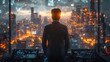 © studio clever - Man in a futuristic office overlooking a city with data and lights - Generative AI