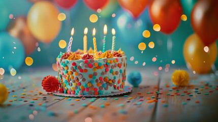 Canvas Print - birthday cake with 5 candles and confetti