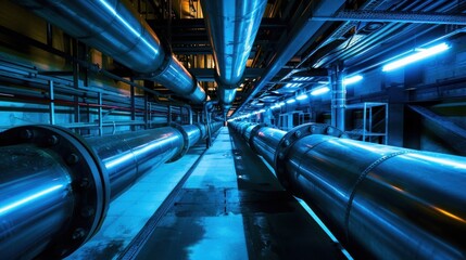 Canvas Print - Industrial Pipe Network illuminated by Blue Light