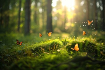 Poster - Forest with moss and grass sunlight landscape butterfly.