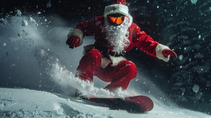 Wall Mural - Santa Claus Snowboarding in the Night