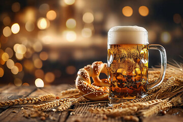 Wall Mural - Oktoberfest background, beer and pretzels on a wooden table