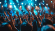 © CozyDigital - Concert. Enthusiastic crowd of fans. Hands up. They dance to the music. Concert hall and lots of blue light