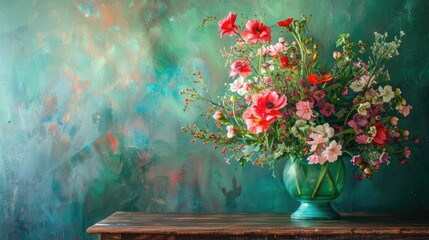 Wall Mural - Spring wildflower bouquet on vintage table with green backdrop