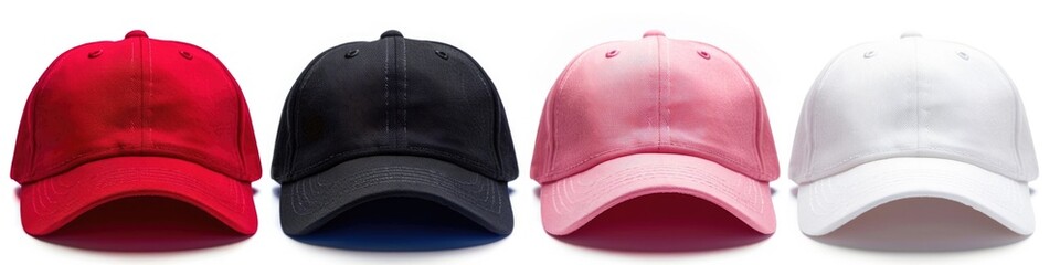 Cap. Set of 4 Baseball Caps in Various Colours on White Background