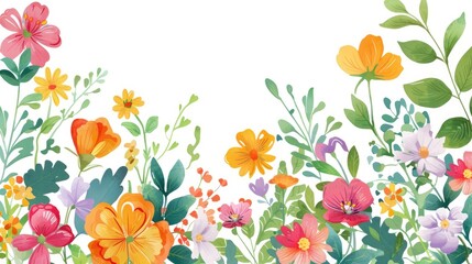 Wall Mural - Horizontal white banner on white or floral background adorned with colorful spring flowers and leaves