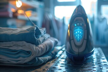 Clean Apparel Chore. Ironing Board with Electric Iron and Blue Clothes in Background
