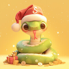 Poster - 2025 green snake wearing a red hat and a bell on its hat. The snake is sitting on a pile of gold coins