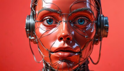 Sticker - Artificial Intelligence Female Cyborg Portrait with Headphones.