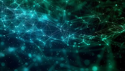 Abstract blue green technology background with a cyber network grid and connected particles. Artificial neurons, global data connections