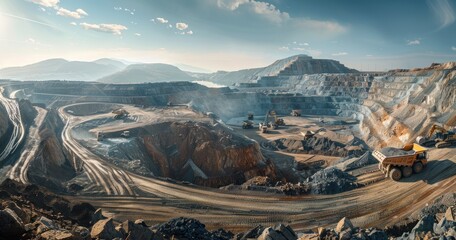 Canvas Print - Open Pit Mine with Excavator and Haul Trucks