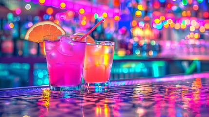 Wall Mural - vibrant cocktails on bar top with bokeh lights creating festive atmosphere