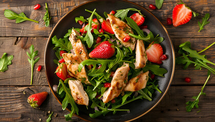 Canvas Print - Chicken salad with arugula and strawberries. Top view