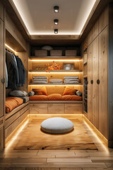 Wall Mural - A wooden wardrobe featuring shelves with neatly folded clothes, wicker baskets, a cushioned seating area with orange pillows, and a soft floor mat with a round cushion.