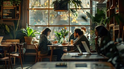 Wall Mural - Cozy cafÃ© workspace with diverse people on laptops. Lush plants, warm wood tones, and natural light streaming through windows. Captured with Sony A7III, 35mm f/1.4 lens, candid style. 