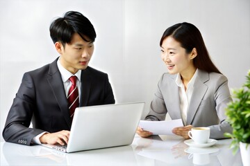 Poster - Young Asian financial advisor consulting with client, discussing investment opportunities
