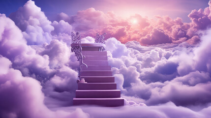 Wall Mural - Fantasy scene with stairs and armchair against purple sky with clouds., generative ai
