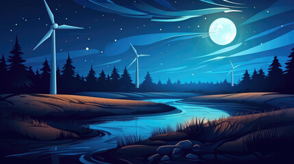 Wall Mural - Night landscape with wind turbines on the river bank, illustration., generative ai