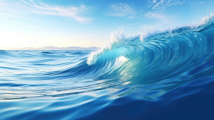 Canvas Print - 3D illustration of blue ocean wave with reflection on water surface over sky background., generative ai