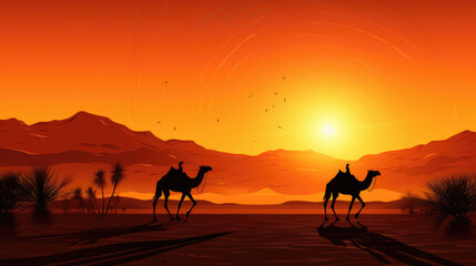 Wall Mural - Camels traveling in the middle of the desert with sky in the sunset orange background., generative ai