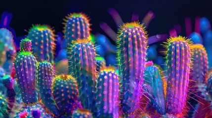 A bunch of colorful cacti with yellow and green flowers