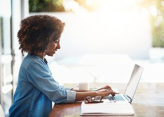 Poster - Remote work, typing and happy woman at laptop for email, communication and schedule at home. Female writer, tech and positive feedback on internet for plan, response and manager of online company