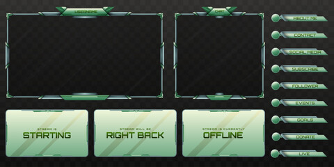Wall Mural - Abstract Green Live Stream Overlay Webcam Screen Frame and Stream Alert Panels for Gaming and Video Streaming