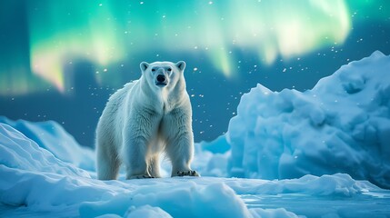 polar bear under the northern lights
