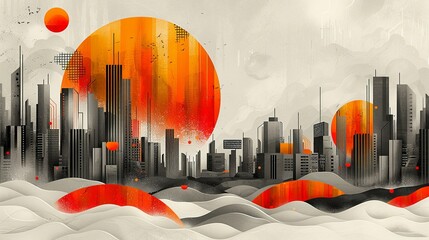 Wall Mural - Design a contemporary urban landscape with edgy lines and angular shapes, featuring a mix of vibrant and muted tones. Illustration, Image, , Minimalism,