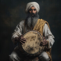 Poster - A Sikh man in traditional attire plays a large drum during a festive celebration