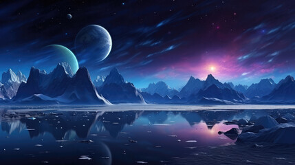 Wall Mural - fantasy landscape with icebergs and planet. 3d illustration., generative ai
