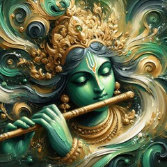 Canvas Print - beautiful green and golden oil paint brush stroke art of lord krishna with flute portrait