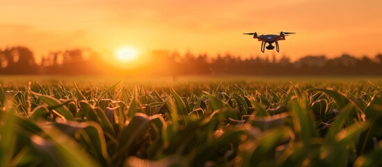 Canvas Print - Drone Flying Over a Field at Sunset