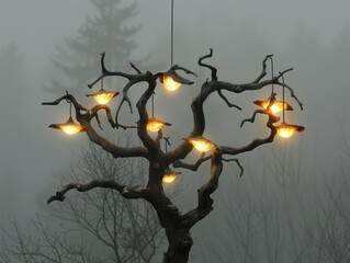 Wall Mural - Mystical Tree with Lights in Fog