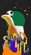 © master1305 - Joyful group of fans raising hands in celebration, against backdrop of splashing beer mug and soccer ball, with bright scarves and abstract shapes. Contemporary art collage. Sport, event, competition