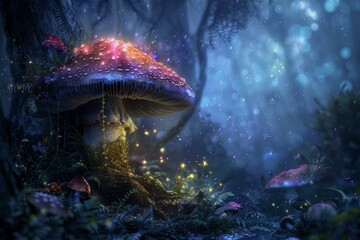 Poster - Mystical night in the forest with glowing mushrooms and fairy lights