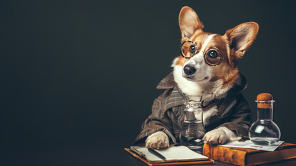 corgi dog dressed as a scientist making a discovery old books glasses dark background