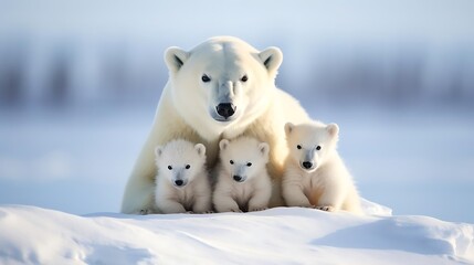 polar bear mother and cubs in snowy landscape