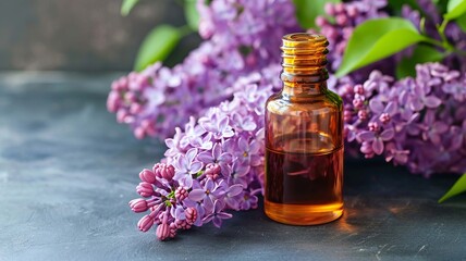 Wall Mural - Lilac essential oil in a small bottle. Selective focus. Generative AI,