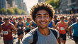 © CreativeMania - Young black man marathon runner is taking selfie while running with other runners in marathon race competition on the street in the city. Active lifestyle, jogging hobby