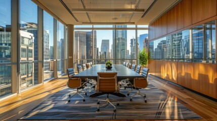 Wall Mural - Sleek conference room with floor-to-ceiling windows framing dramatic cityscape. Warm wood accents contrast with modern furniture. 