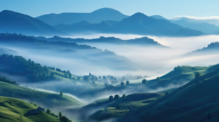 Wall Mural - Mountain landscape with fog in the morning. Beautiful natural background., generative ai