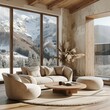 © Anjali Snap - Scandinavian minimalist home interior design of modern living room. Round wooden coffee table near beige sofa and armchair against floor to ceiling panoramic window with winter mountain, Generative AI