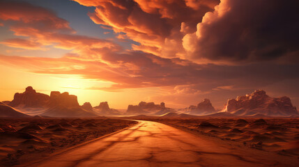 Wall Mural - Road in the desert with orange sky and clouds at sunset, USA., generative ai