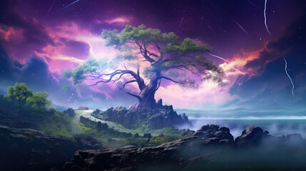 Wall Mural - fantasy landscape with tree, lightning and aurora borealis., generative ai