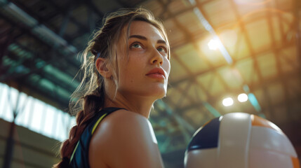 A woman is playing volleyball in the gym. The scene is focused and determined. An Olympic sport. An active lifestyle