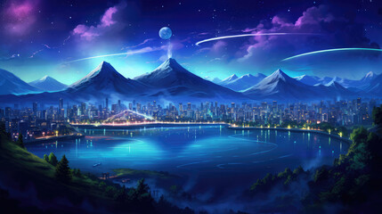 Wall Mural - Modern city at night with lights and wave light in the mountain., generative ai