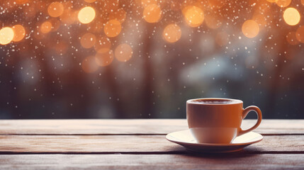 Wall Mural - coffee cup on wooden table in front of christmas light background., generative ai